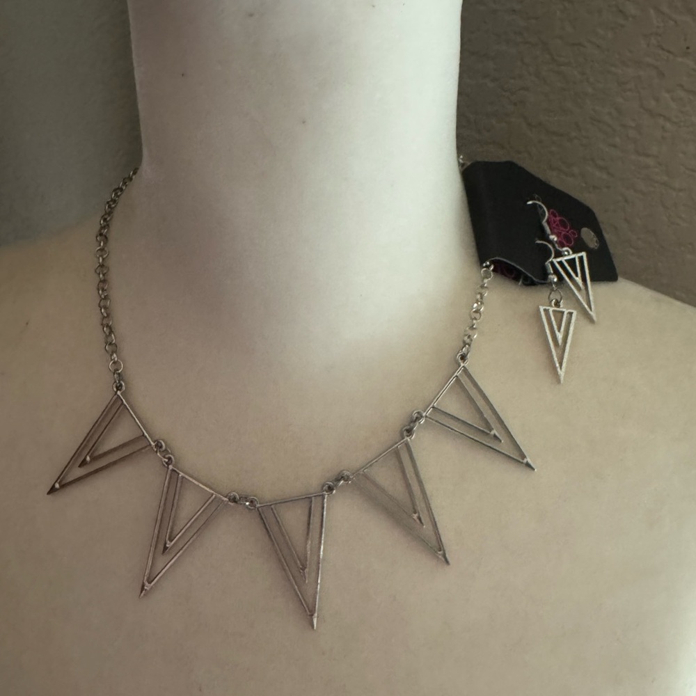Silver Geometric Necklace and Earring Set